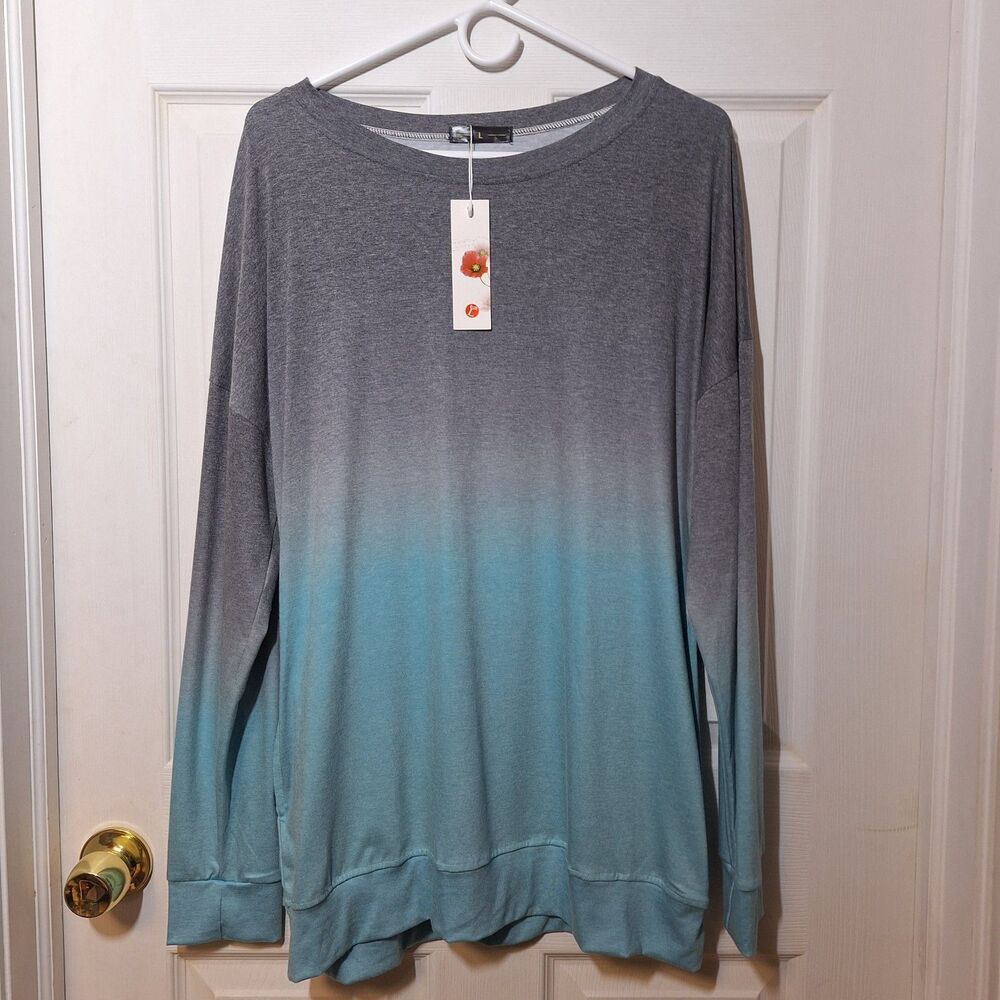 Grey Blue Ombre Long Sleeved Shirt Oversized Boat Neck Top Minimalist Size L